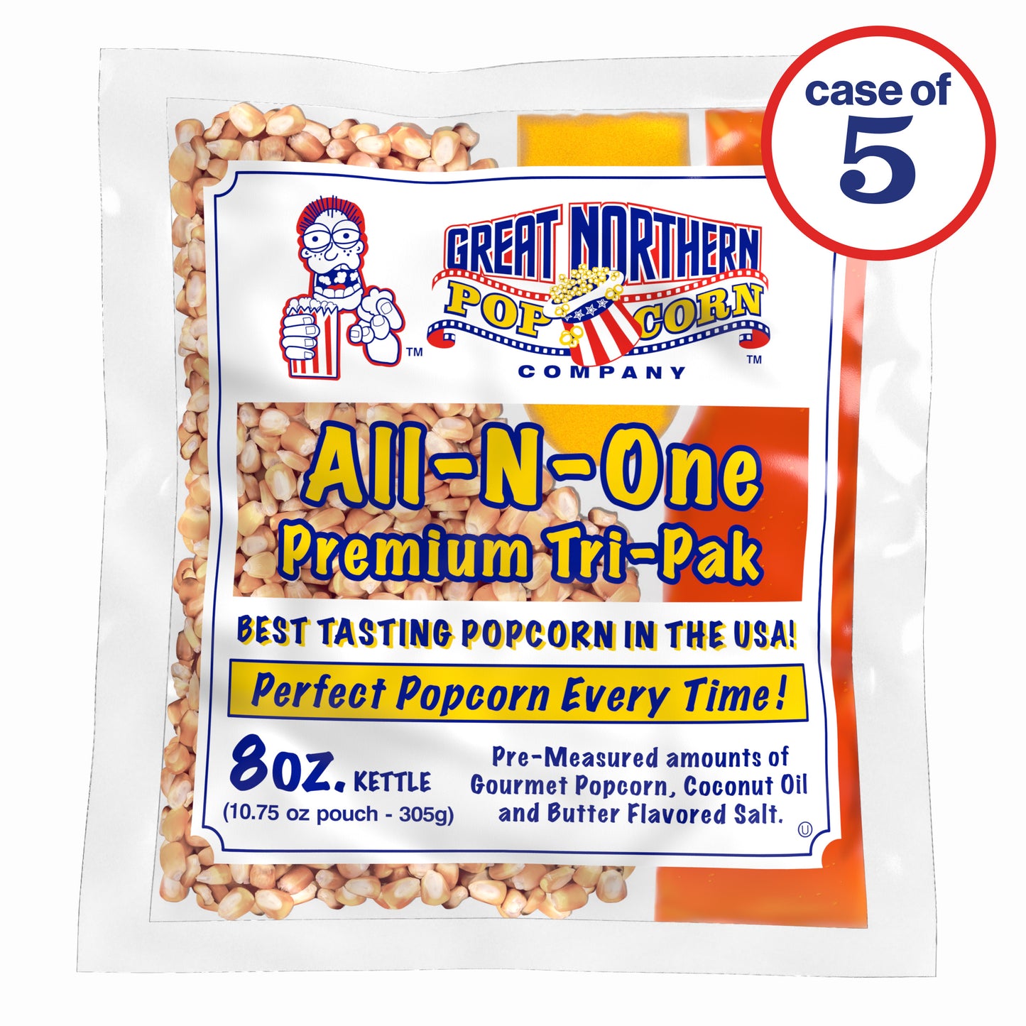 8 oz Popcorn Packs – Pre-Measured, Movie Theater Style, All-in-One Kernel, Salt, Oil Packets for Popcorn Machines by Great Northern Popcorn (5-Pack)