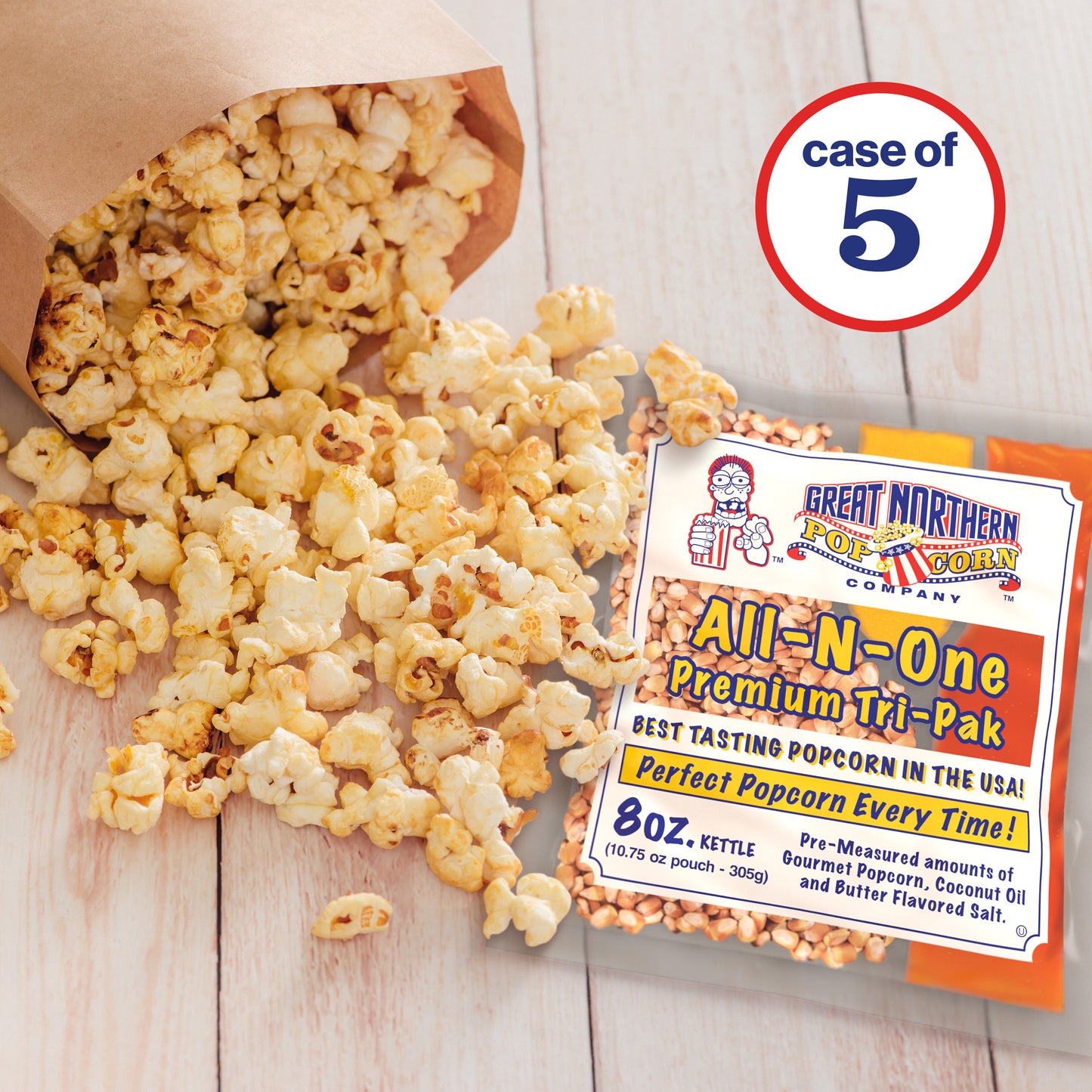 8 oz Popcorn Packs – Pre-Measured, Movie Theater Style, All-in-One Kernel, Salt, Oil Packets for Popcorn Machines by Great Northern Popcorn (5-Pack)