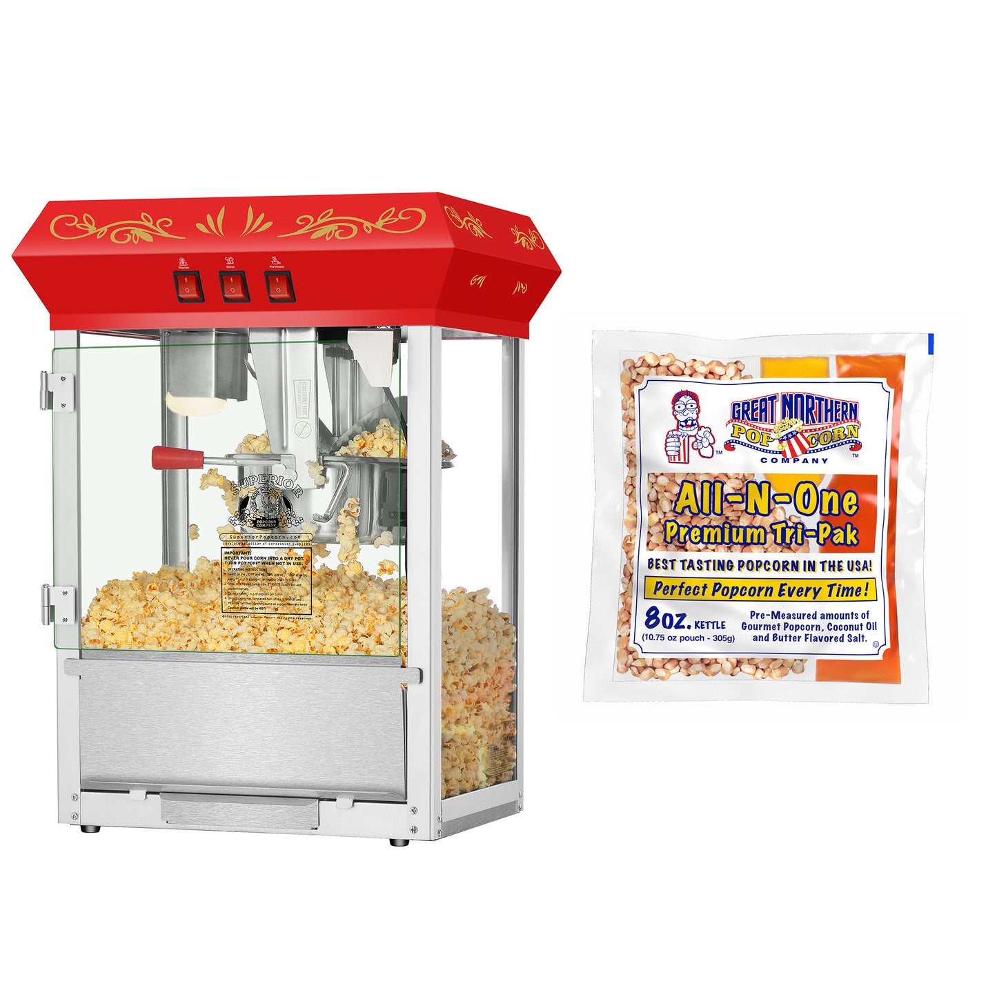 Superior Popcorn Red 8oz Machine and Popcorn Packs