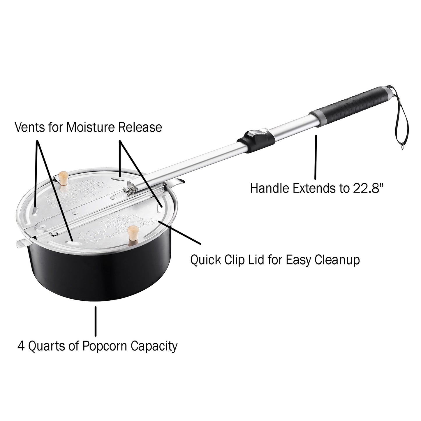 Great Northern Popcorn Campfire Popper with Telescoping Handle, Black