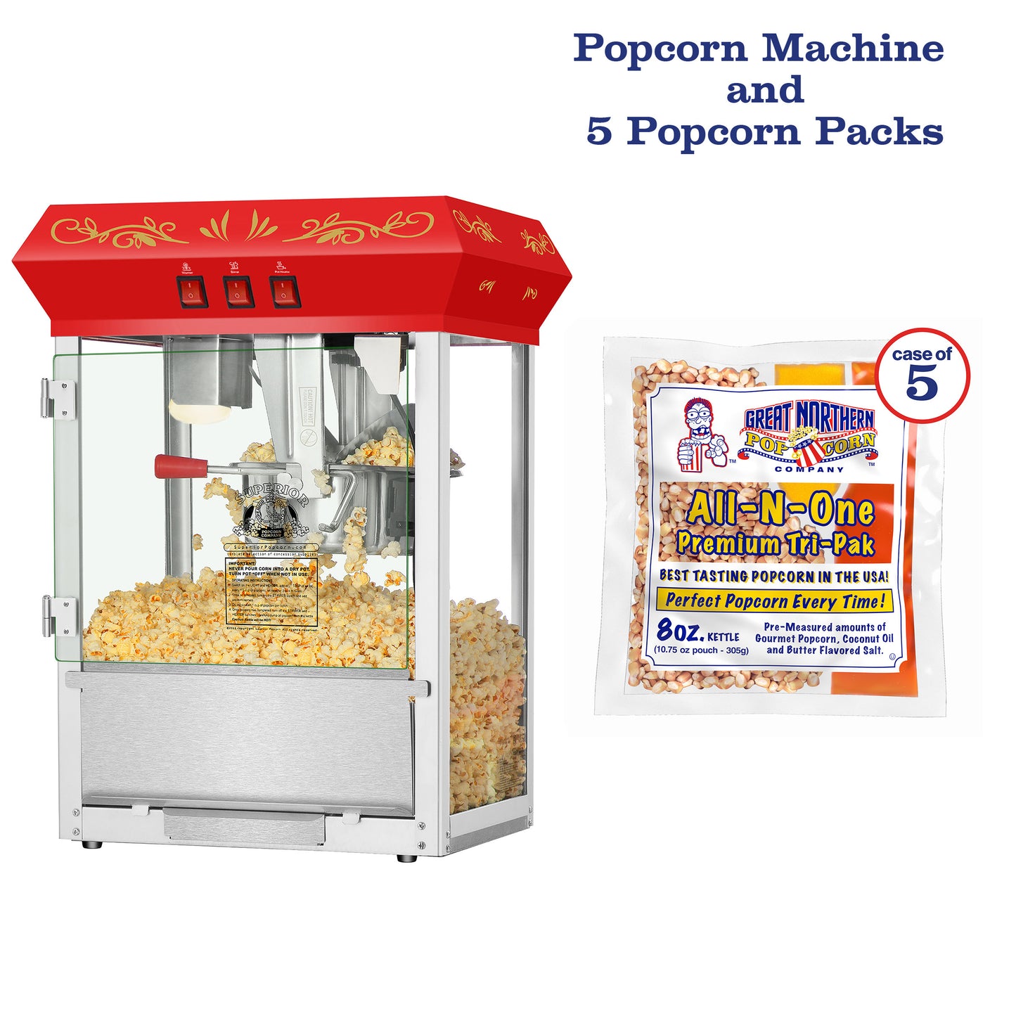 Superior Popcorn Red 8oz Machine and Popcorn Packs