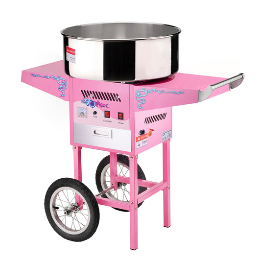 Cotton Candy Machine with Cart  Vortex Candy Maker with Stainless-Steel Pan, 2 Side Trays, and 13-inch Wheels by Great Northern Popcorn (Pink)