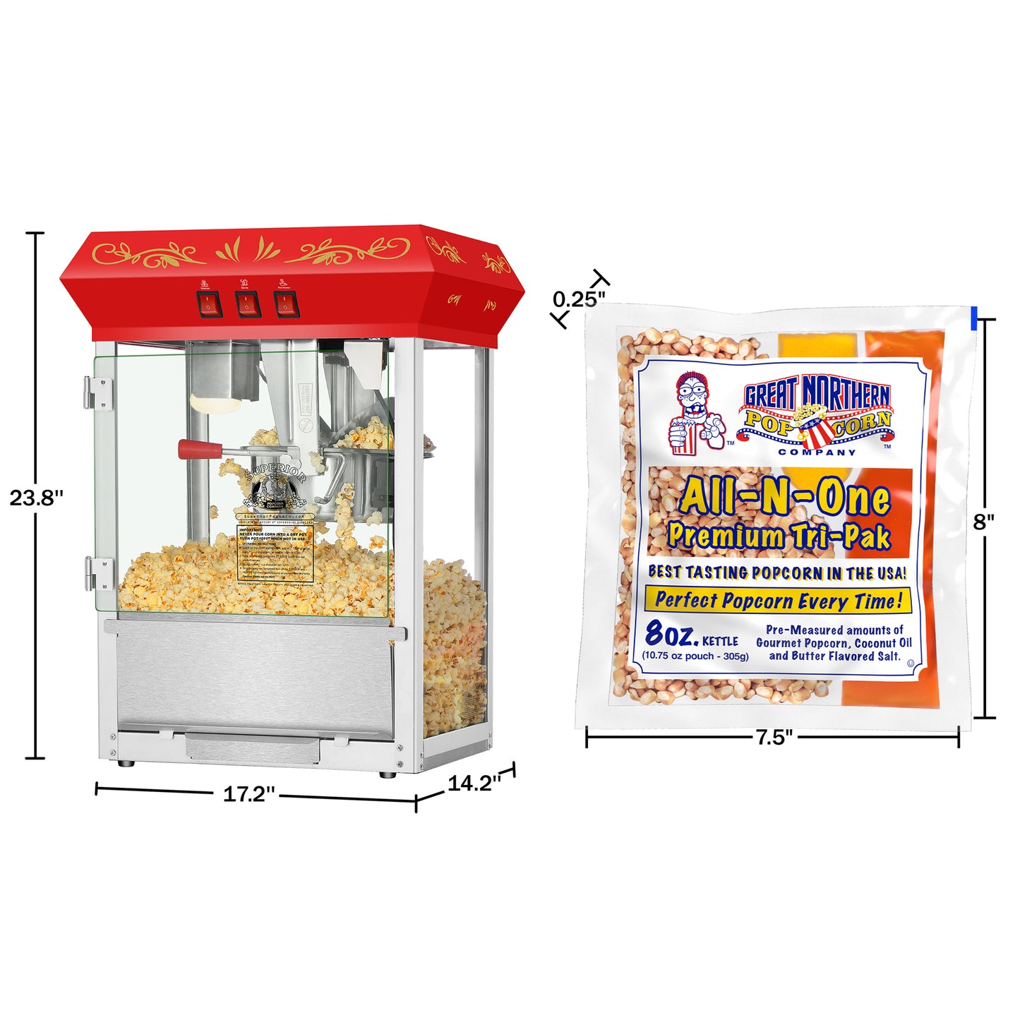 Superior Popcorn Red 8oz Machine and Popcorn Packs