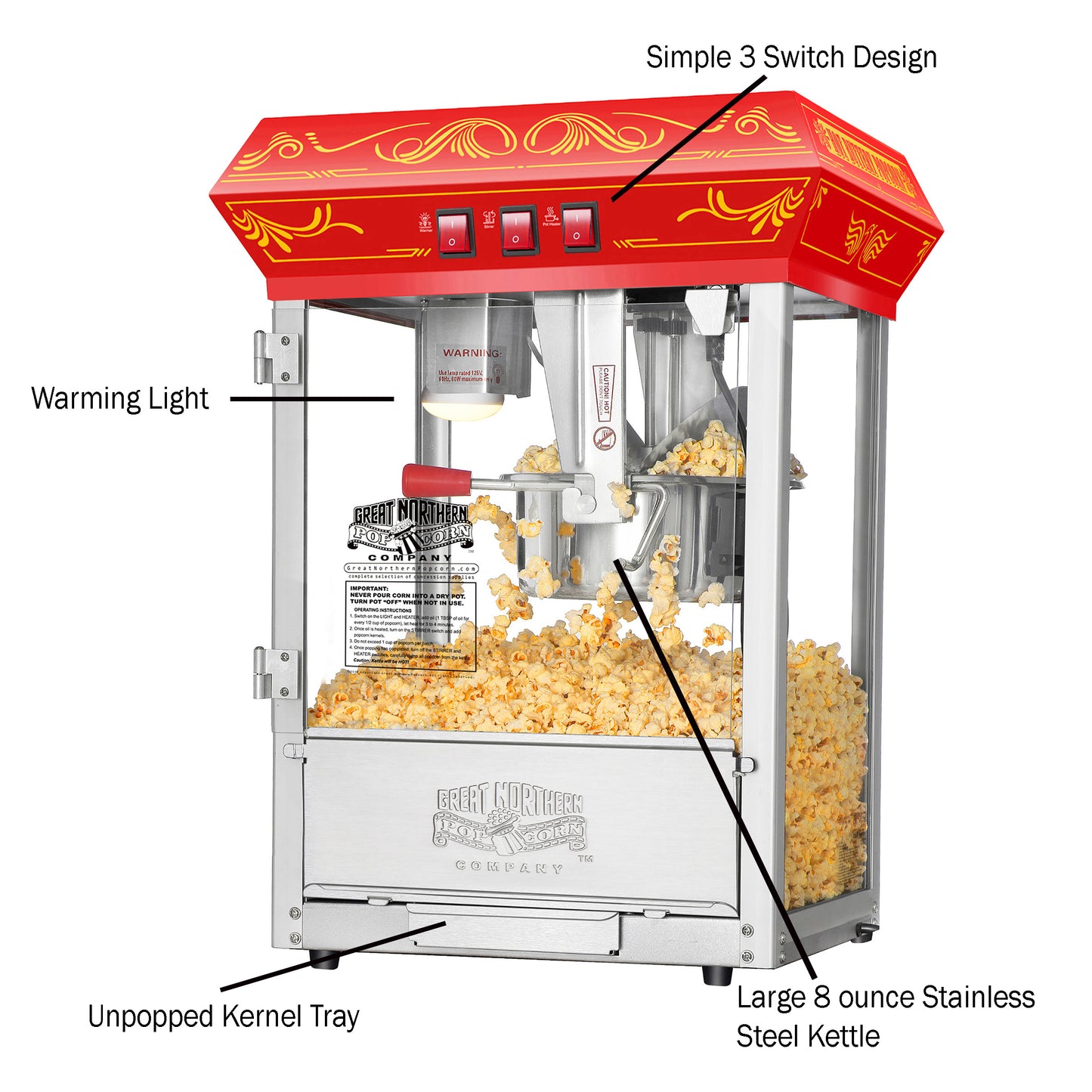 Great Northern Popcorn Countertop Foundation Popcorn Popper Machine, (8 oz,  Red)