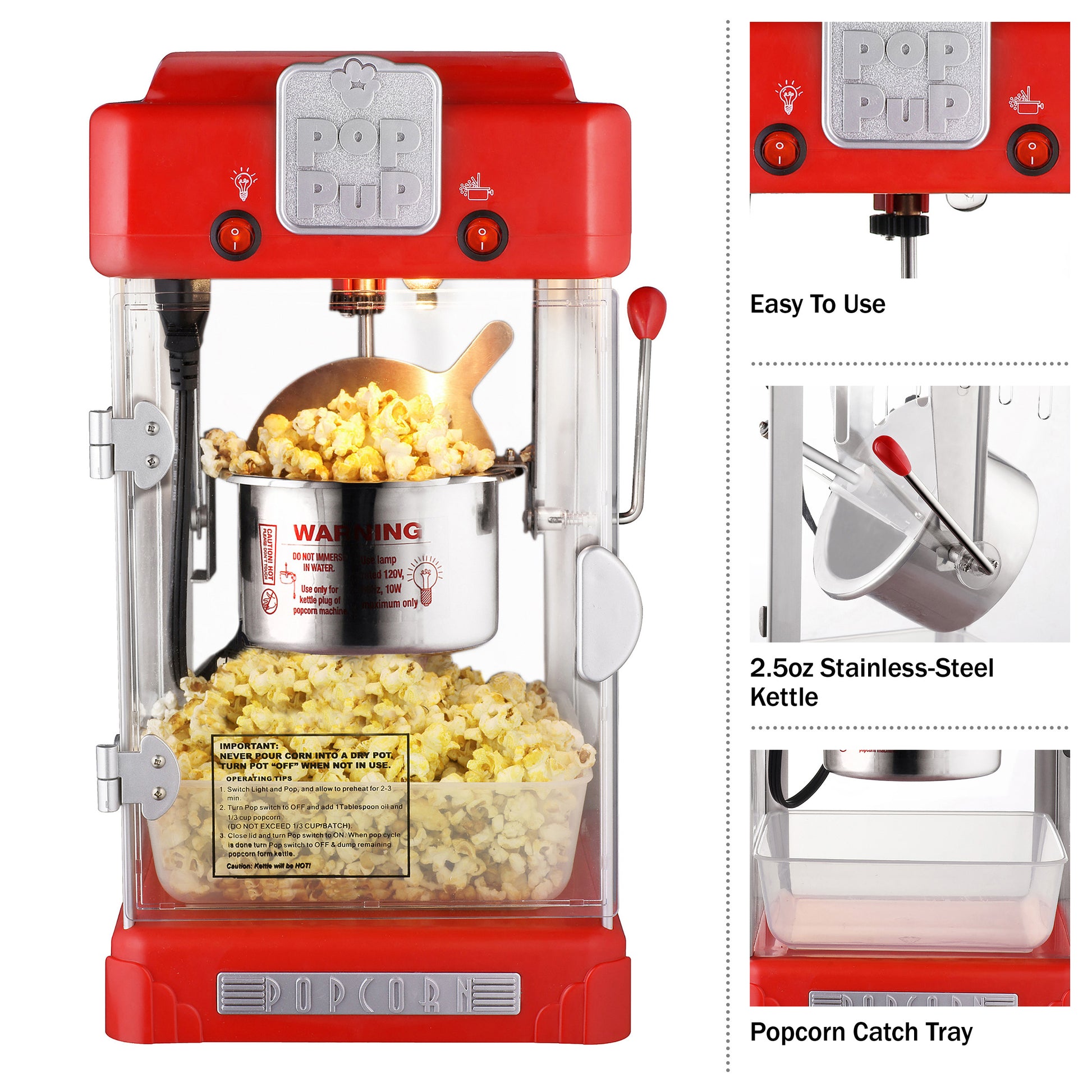 Paragon Theater Pop 8 oz. Red Stainless Steel Countertop Popcorn