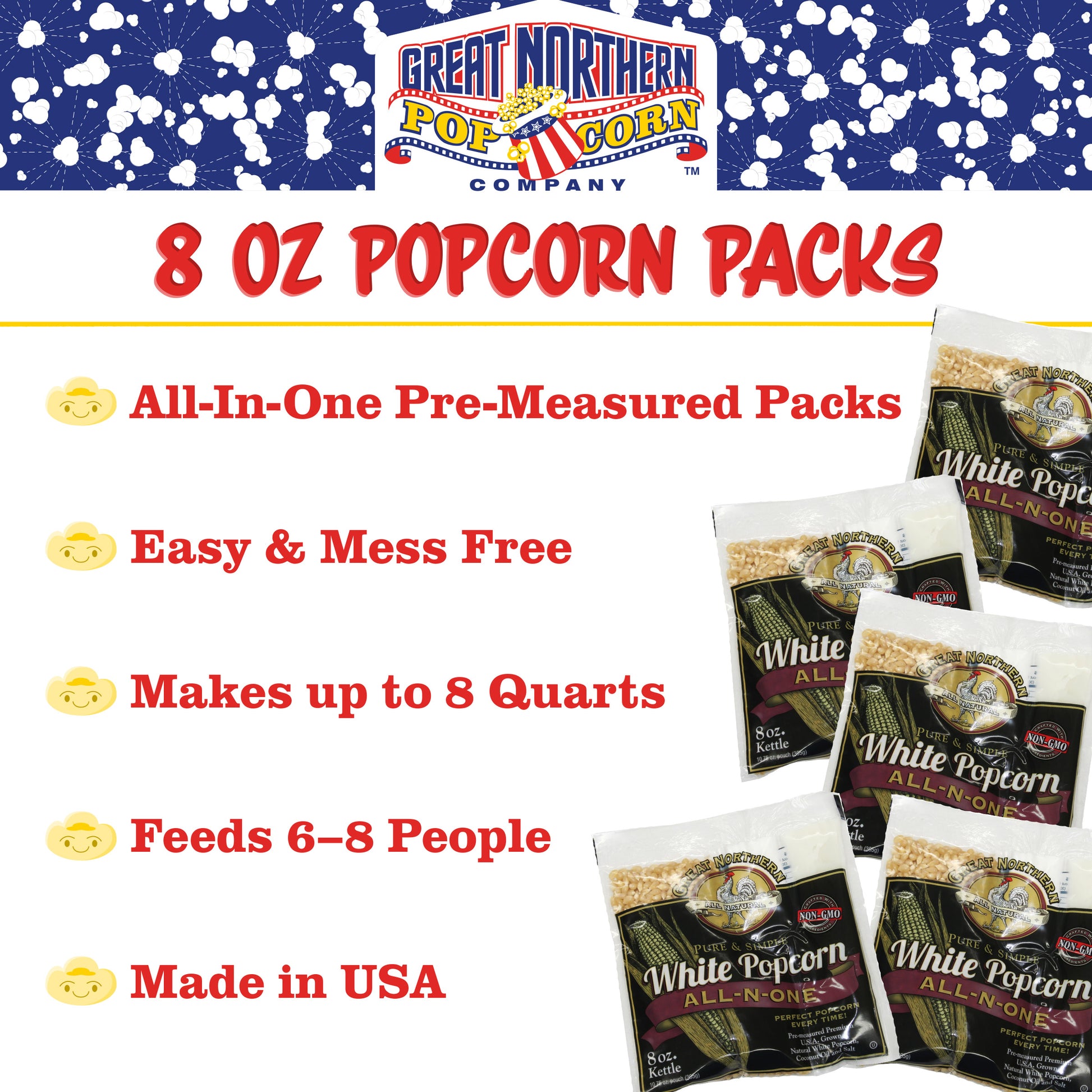 GREAT NORTHERN POPCORN COMPANY - Popcorn Packs, Pre-Measured, Movie Theater  Style, All-in-One Kernel, Salt, Oil Packets for Popcorn Machines, 8 Ounce